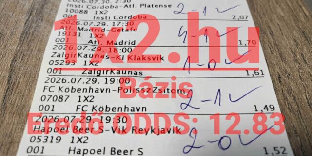 Kézzel pipált, nyertes sportfogadási szelvény sikeres labdarúgó-mérkőzés tippekkel és 12,83-as eredő oddsszal.