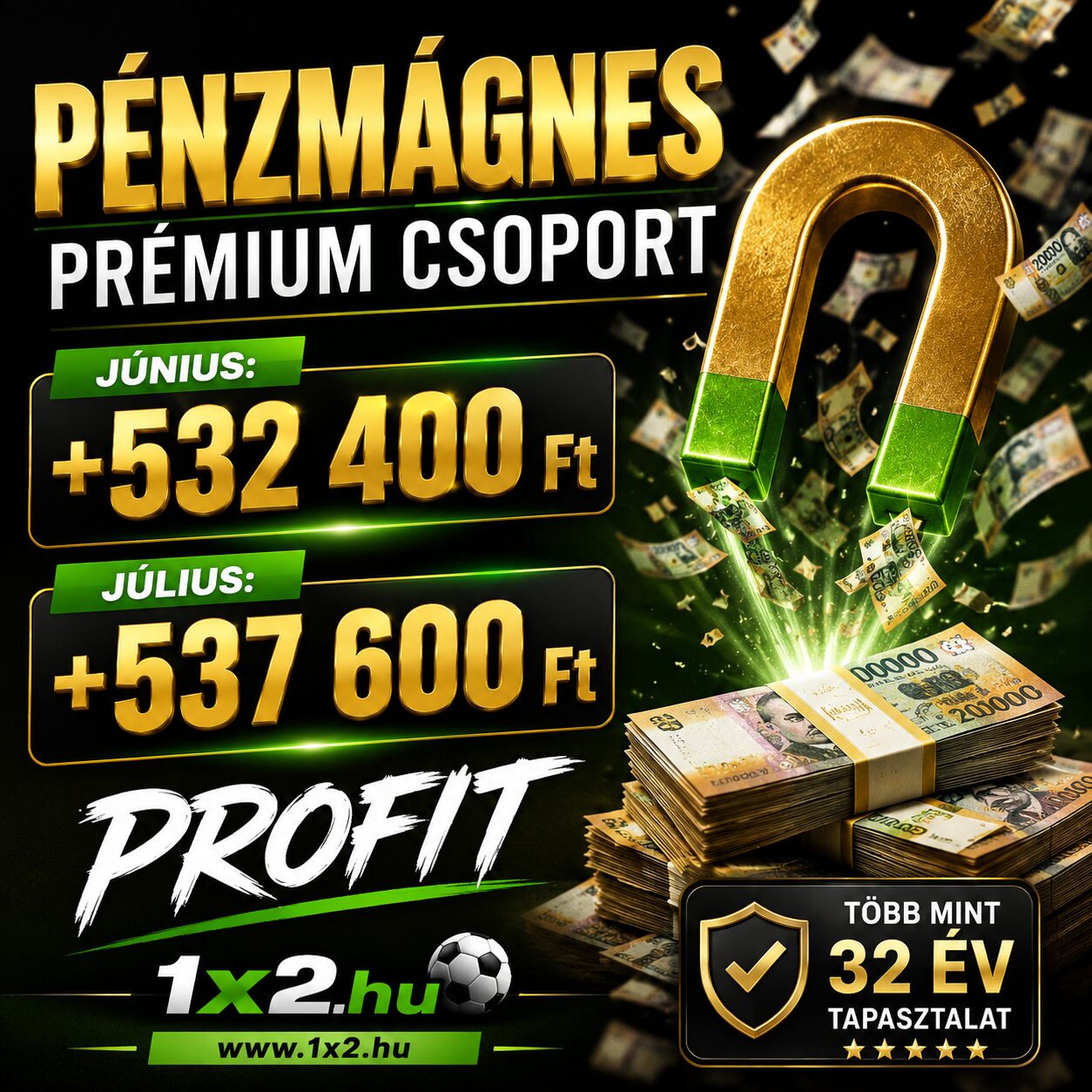 Aranyszínű mágnes vonzza a húszezer forintos bankjegyeket, mellette a Pénzmágnes prémium csoport júniusi és júliusi profiteredményei láthatók.