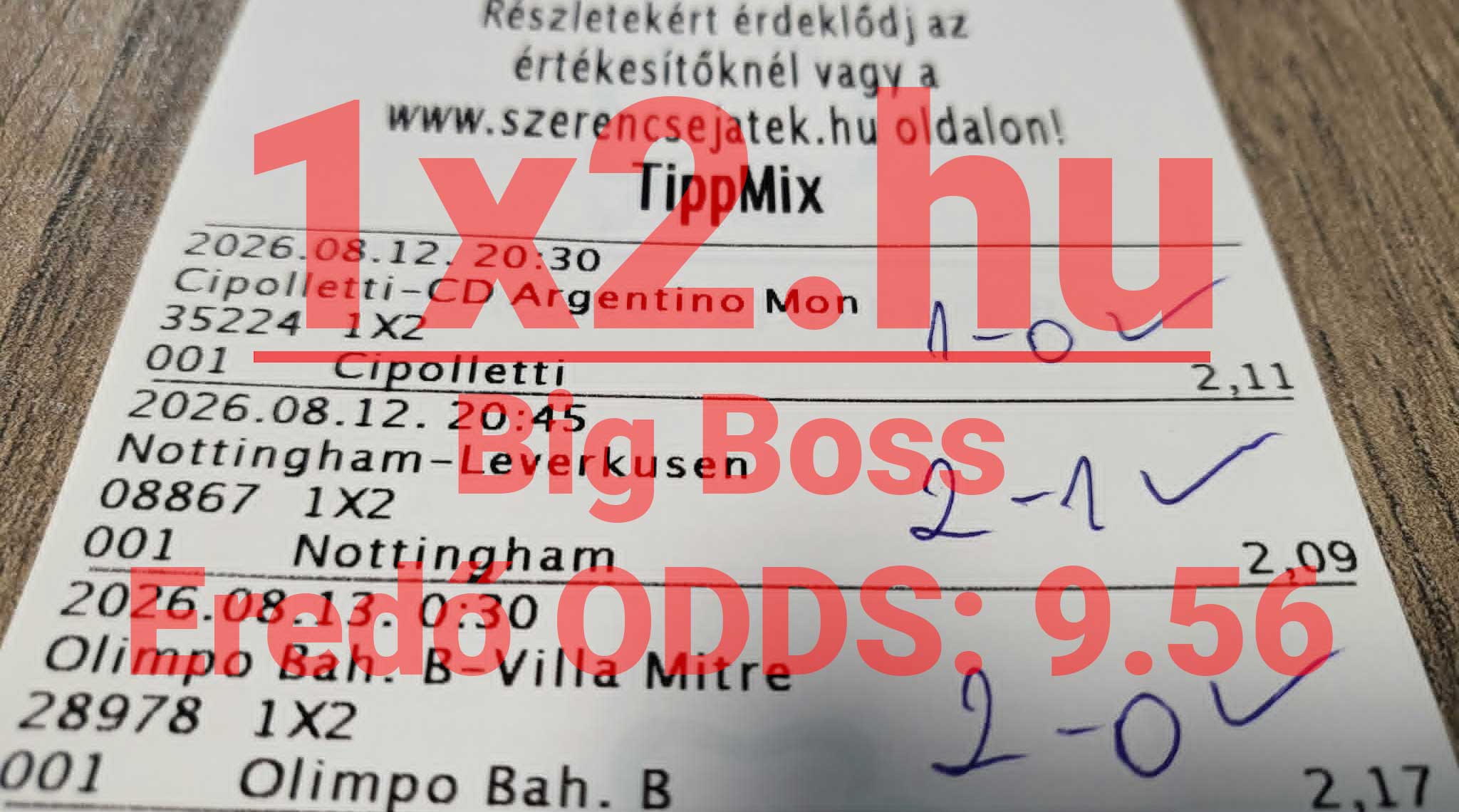 Sikeres Tippmix sportfogadási szelvény három nyertes labdarúgó-mérkőzéssel és 9,56-os eredő oddsszal.