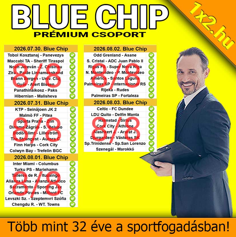Eredményes sportfogadási tipplista a Blue Chip Prémium csoportból, hibátlan nyertes mérkőzésekkel és egy elegáns szakértővel.