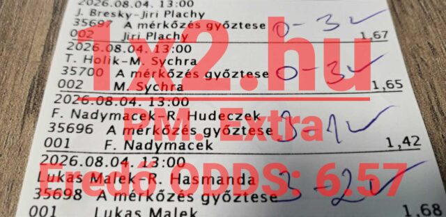 Sikeres sportfogadási szelvény kézzel írt eredményekkel és pipával megerősített nyertes tippekkel.