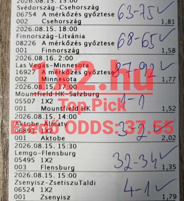 Sportfogadási szelvény pipált nyertes meccsekkel, kézzel írt eredményekkel és magas eredő oddsszal az 1x2.hu oldalról.