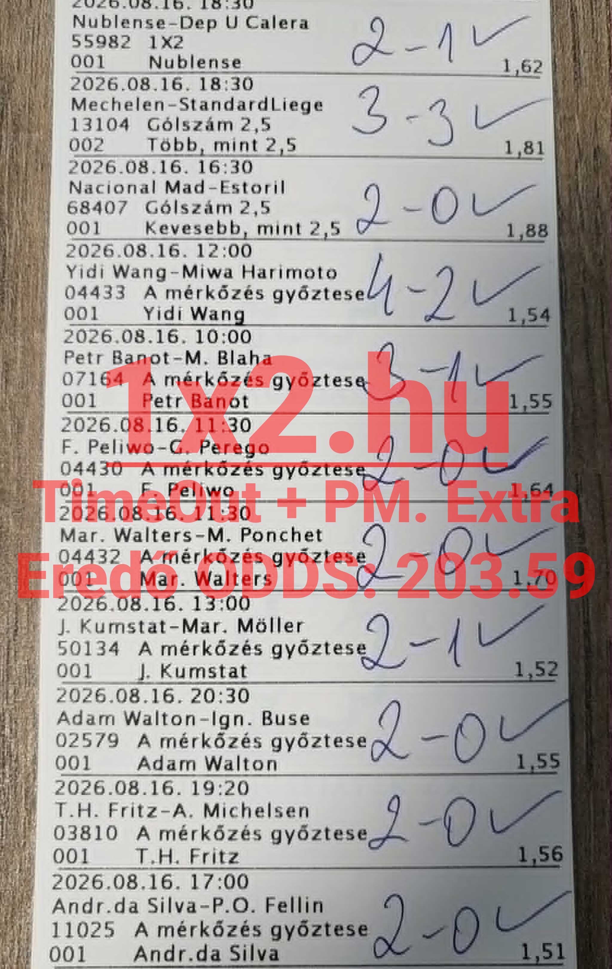 Nyertes sportfogadási szelvény kézzel írt sikeres meccseredményekkel és pipákkal ellenőrizve.