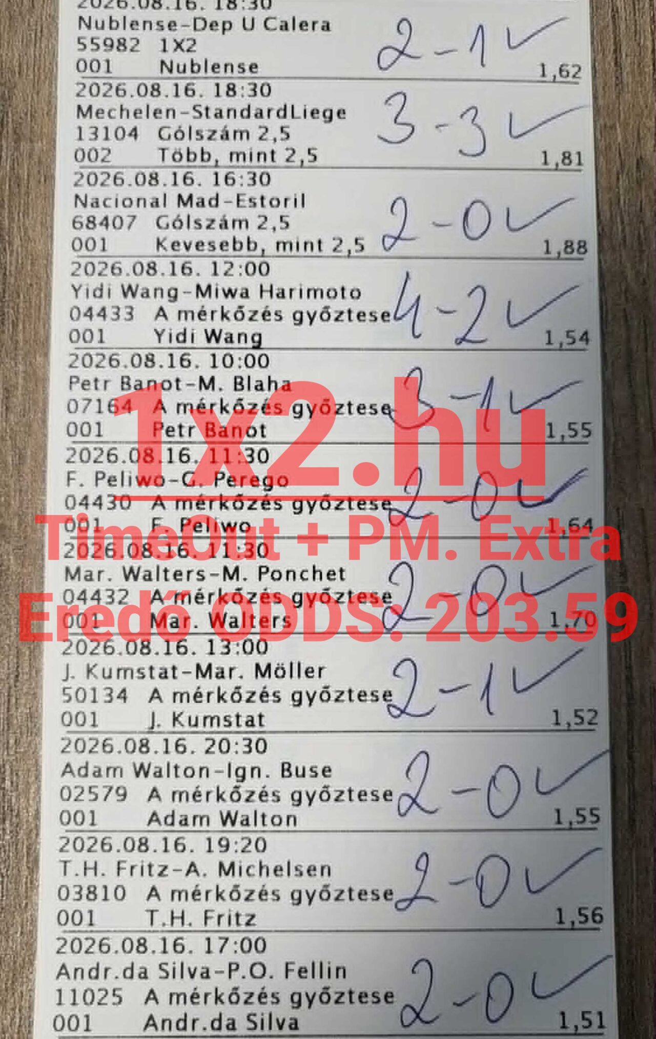 Kézzel pipált, nyertes meccseredményeket és magas szorzókat tartalmazó papíralapú sportfogadási szelvény.