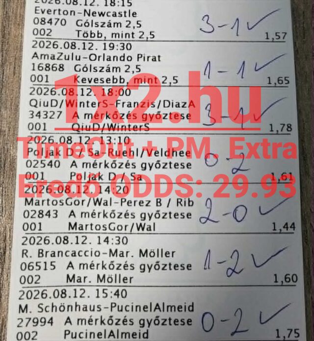 Nyertes tippmix szelvény kézzel pipa jelekkel ellenőrzött labdarúgó és tenisz mérkőzés tippekkel, 29.93-as eredő oddsszal.