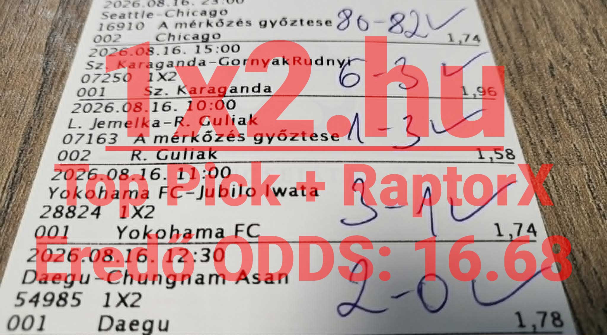 Nyertes sportfogadási szelvény kézzel írt eredményekkel és ellenőrző pipákkal.