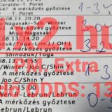Kézzel kipipált, nyertes fogadási szelvény asztalitenisz mérkőzésekkel és 13,32-es eredő oddsszal.