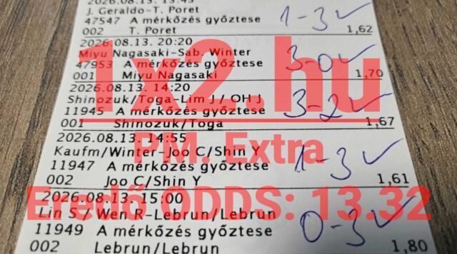 Kézzel kipipált, nyertes fogadási szelvény asztalitenisz mérkőzésekkel és 13,32-es eredő oddsszal.