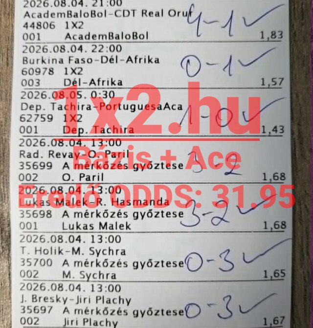 Nyomtatott sportfogadási szelvény kézzel írt győztes eredményekkel, pipákkal és piros 1x2.hu vízjellel.