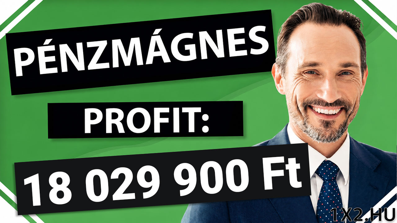 Mosolygó, öltönyös férfi zöld háttér előtt, mellette PÉNZMÁGNES és PROFIT: 18 029 900 Ft felirat látható.