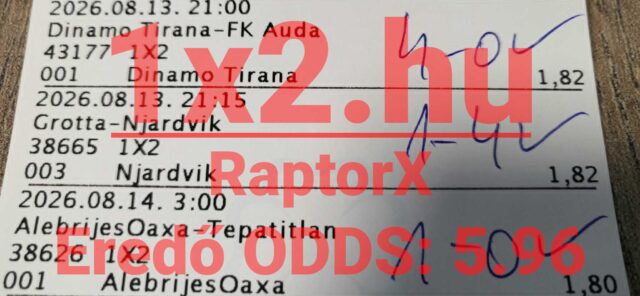 Nyertes sportfogadási szelvény kézzel beírt sikeres mérkőzés-eredményekkel és pipákkal.
