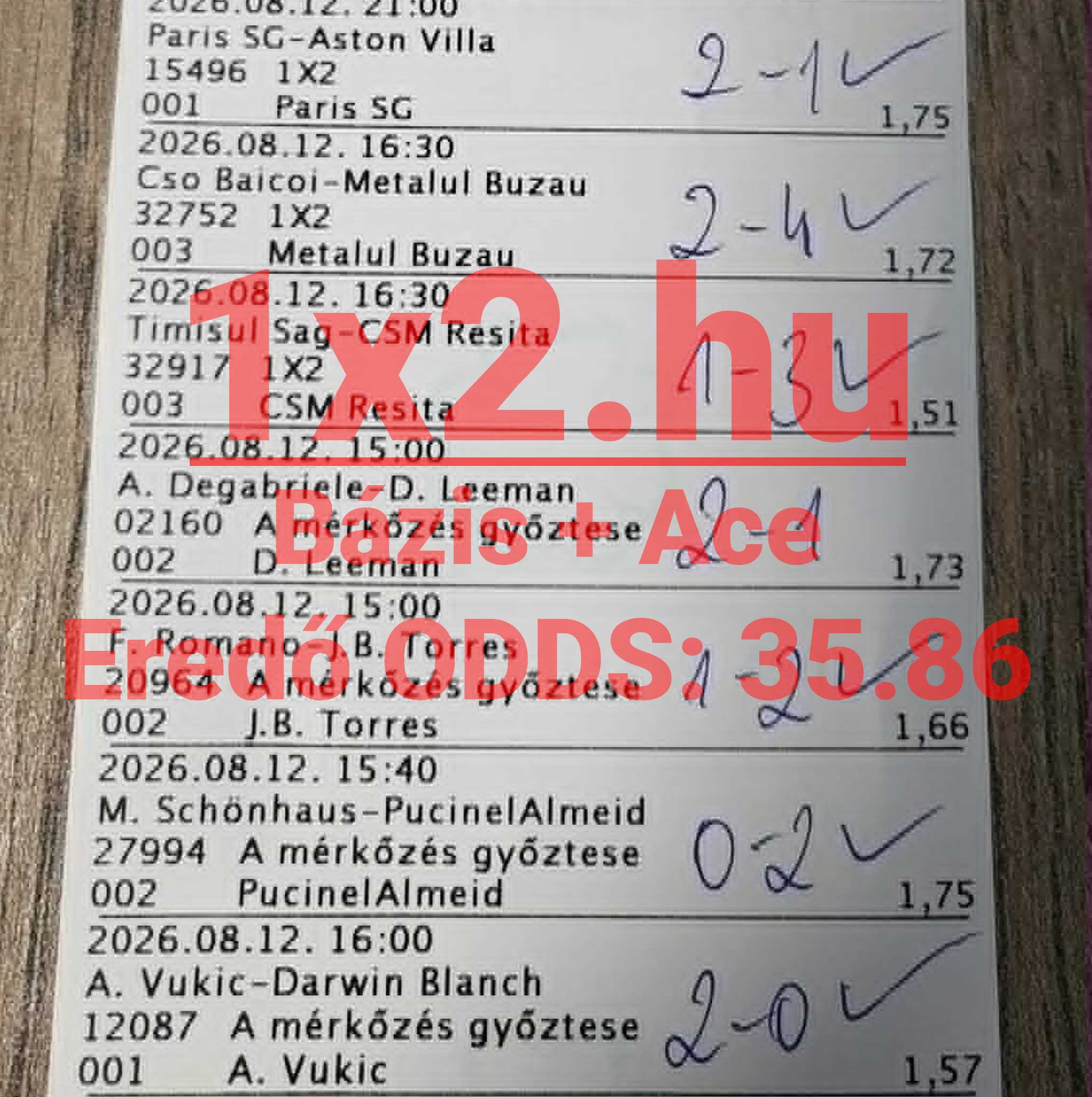 Sikeres sportfogadási szelvény kézírásos eredménypipákkal és 35,86-os eredő oddsszal az 1x2.hu felirattal.
