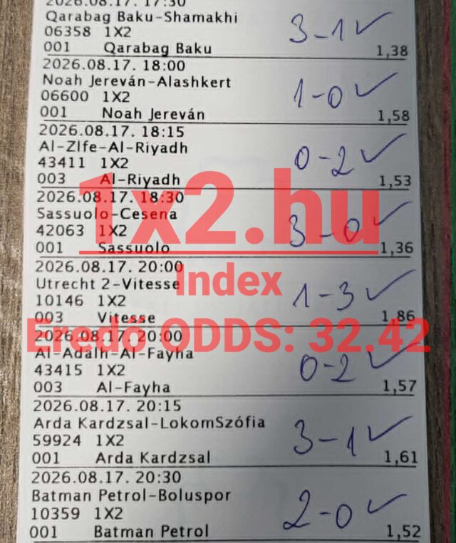 Nyertes sportfogadási szelvény kézzel írt eredményekkel és pipákkal, 32,42-es eredő oddsszal.