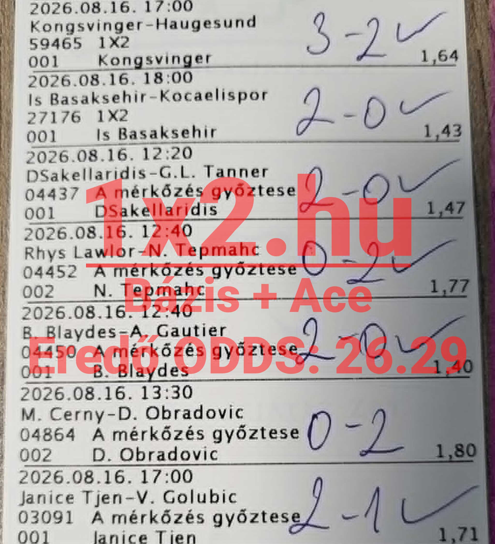 Kinyomtatott sportfogadási szelvény, amelyen kézzel írt végeredmények és nyertes pipák láthatóak 28,29-es eredő szorzóval.