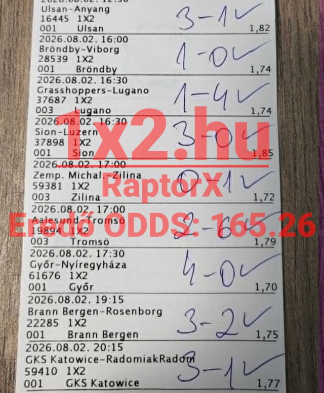 Nyertes sportfogadási szelvény kézzel beírt sikeres meccseredményekkel és 665.26-os eredő oddsszal.