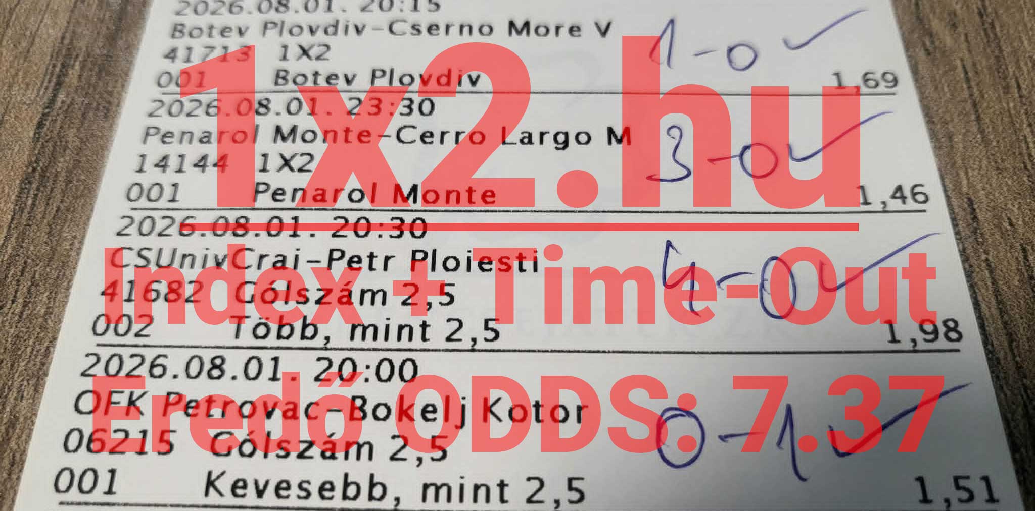 Nyertes labdarúgó fogadószelvény kézzel ráírt végeredményekkel és ellenőrző pipákkal, 7,37-es eredő oddsszal.