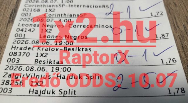 Sportfogadási szelvény kézzel írt meccseredményekkel, pipákkal és kiemelt eredő odds-szal.