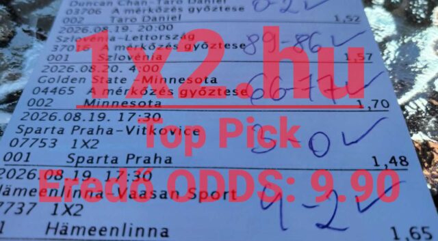 Nyertes sportfogadási szelvény kipipált sikeres tippekkel, 9.90-es eredő oddsszal és a mérkőzések végeredményeivel.
