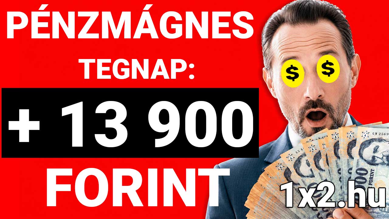 Meglepett, öltönyös férfi forintbankjegyekkel a kezében, szemei helyén dollárjelekkel, a háttérben nagy felirattal: +13 900 FORINT.