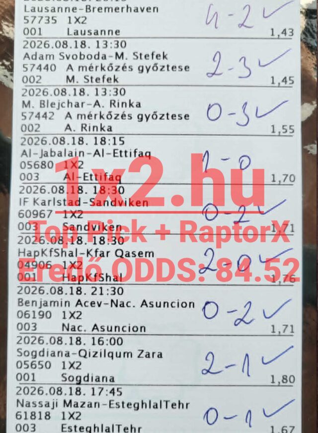 Sportfogadási szelvény kézzel beírt eredményekkel, ellenőrző pipákkal és 289,52-es eredő oddsszal a 1x2.hu-ról.
