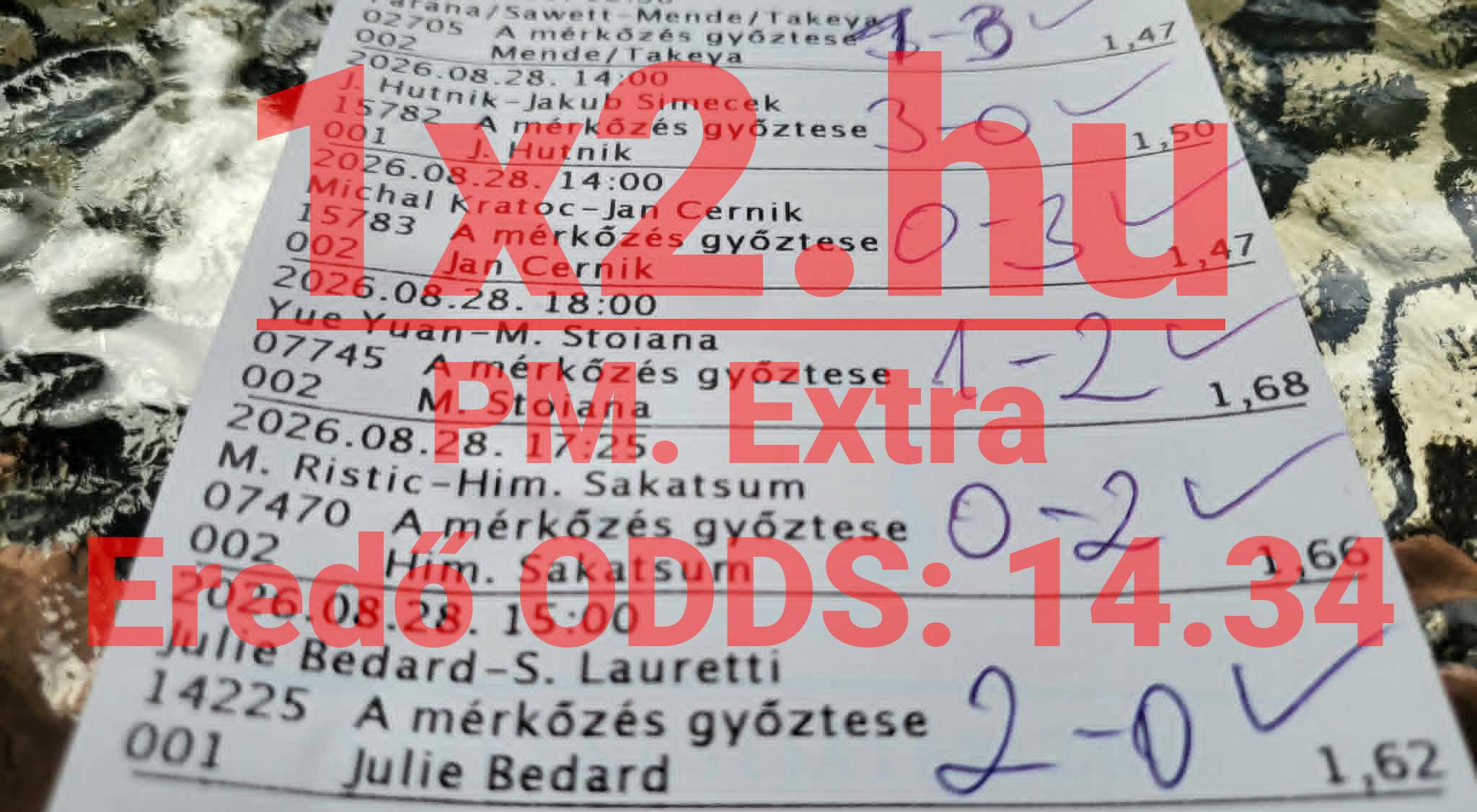 Sikeresen megjátszott sportfogadási szelvény kézzel írt eredményekkel és pipált nyertes tippekkel.