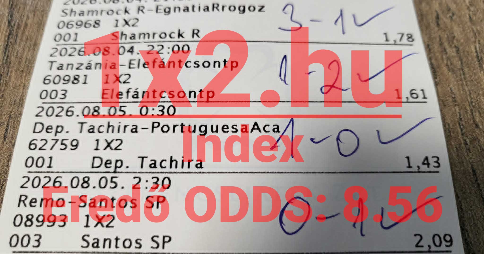 Papíralapú nyertes tippmix szelvény kézzel írt végeredményekkel, pipákkal és 8,56-os eredő odds jelöléssel.