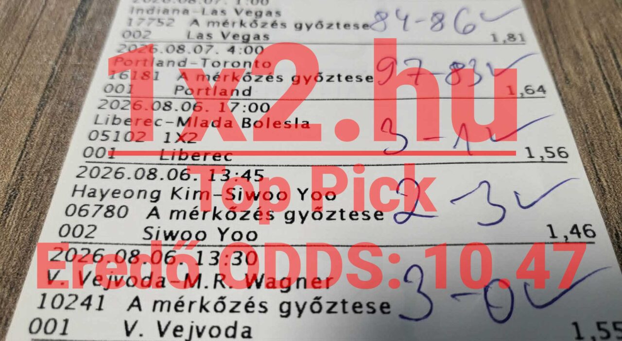 Nyertes sportfogadási szelvény kézzel írt végeredményekkel és pipákkal, amelyen a teljes eredő odds 10,47.