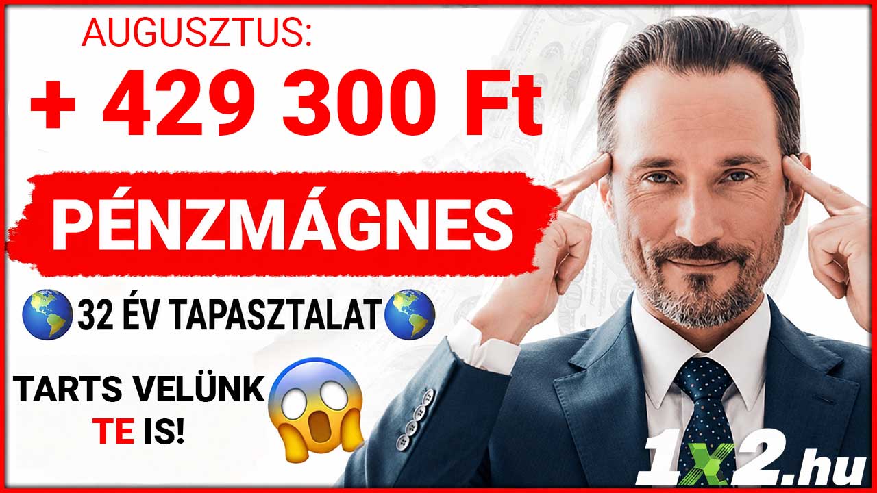 Öltönyös férfi a 1x2.hu Pénzmágnes szolgáltatásának augusztusi 429 300 forintos nyereményét hirdető grafikán.