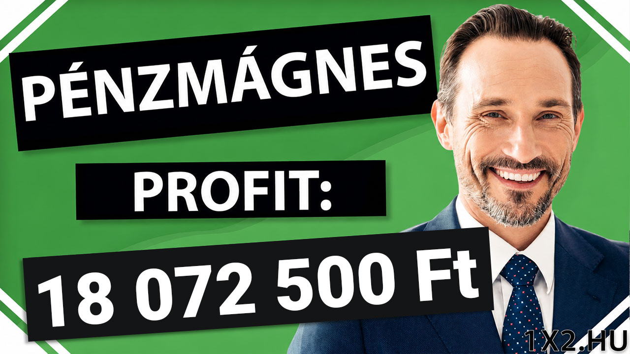 Mosolygó öltönyös férfi a Pénzmágnes felirattal és 18 072 500 Ft profit összeggel egy zöld hátterű képen.