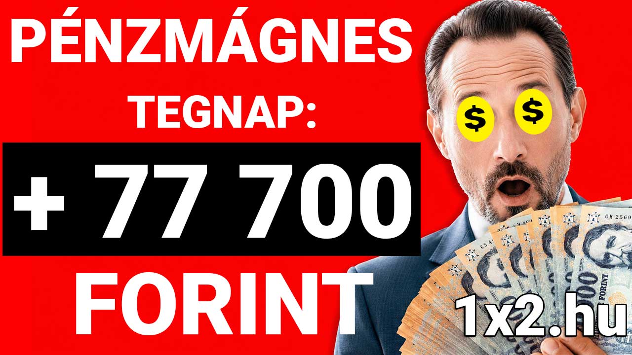 Öltönyös férfi dollárjelekkel a szemén egy köteg forint bankjegyet tart a kezében a Pénzmágnes 77 700 forintos nyereményét hirdető piros háttér előtt.