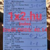 Nyomtatott és kézzel kipipált sportfogadási szelvény, amelyen futballmérkőzések sikeres kimenetele és 40,14-es eredő odds látható.