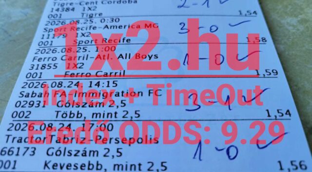 Nyertes sportfogadási szelvény kézzel írt meccseredményekkel és pipákkal.