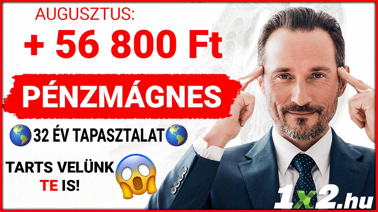 Elegáns férfi az 1x2.hu Pénzmágnes augusztusi +56 800 Ft-os nyereményét és 32 éves tapasztalatát hirdető grafika mellett.