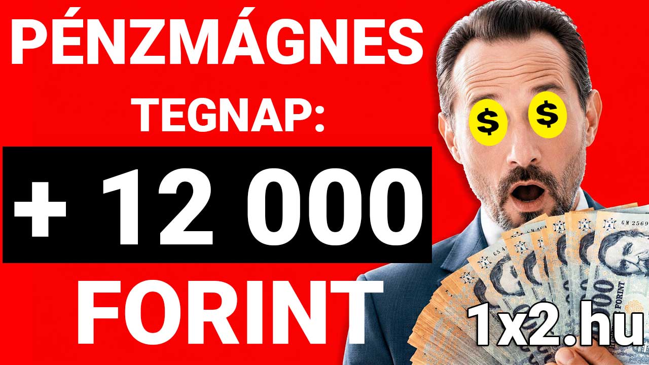 Piros hátterű grafika egy öltönyös férfival, aki dollárjel-szemekkel forintbankjegyeket tart a kezében a Pénzmágnes hirdetésénél.