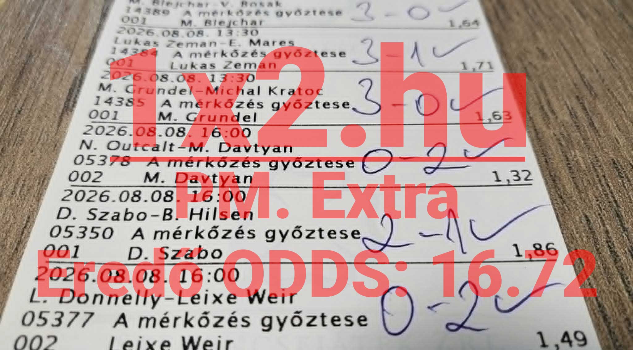 Kézzel pipált, sikeres sportfogadási szelvény részlete 16,72-es eredő oddsszal és hibátlanul eltalált mérkőzéseredményekkel.