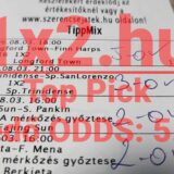 Kézzel ellenőrzött, nyertes Tippmix sportfogadási szelvény 5.79-es eredő odds-szal és zöld pipákkal jelölt meccseredményekkel.
