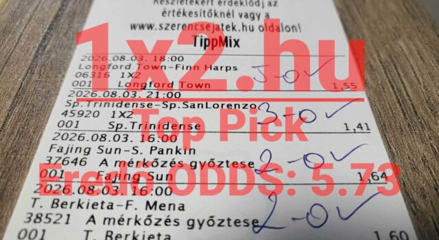Kézzel ellenőrzött, nyertes Tippmix sportfogadási szelvény 5.79-es eredő odds-szal és zöld pipákkal jelölt meccseredményekkel.