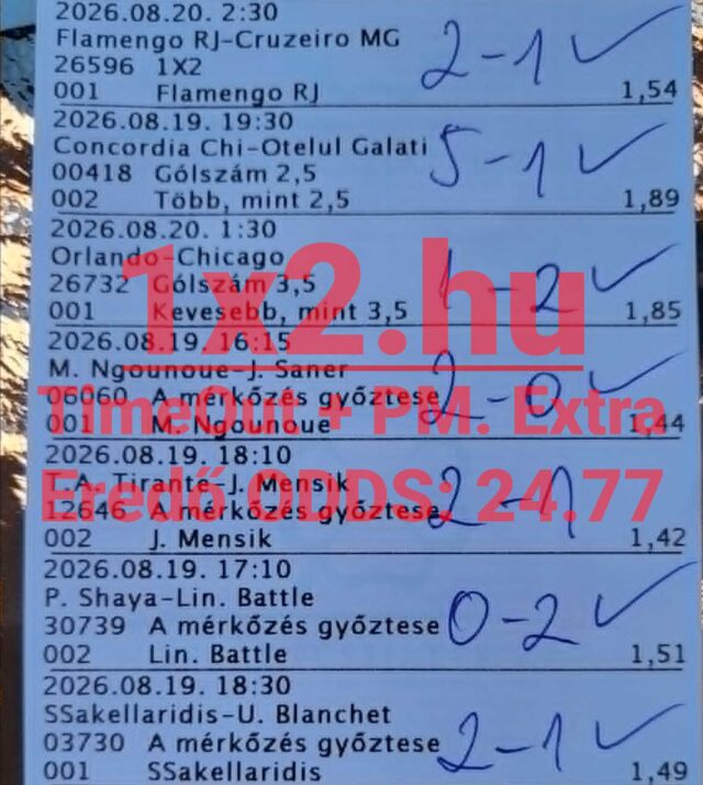 Sportfogadási szelvény több sikeresen eltalált labdarúgó- és teniszmérkőzés eredménnyel, pipákkal megjelölve.