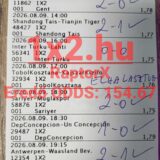 Kézzel ellenőrzött, sikeres futball tippmix szelvény 154,67-es eredő odds felirattal.