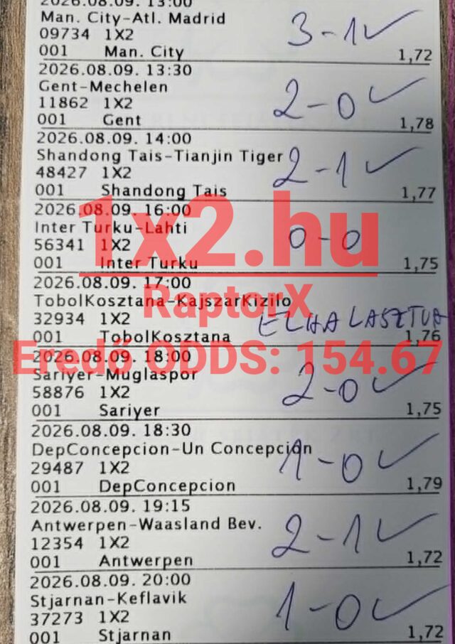 Kézzel ellenőrzött, sikeres futball tippmix szelvény 154,67-es eredő odds felirattal.