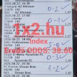 Nyomtatott sportfogadási szelvény kézzel beírt meccseredményekkel, pipákkal és 38.60-as eredő szorzóval.