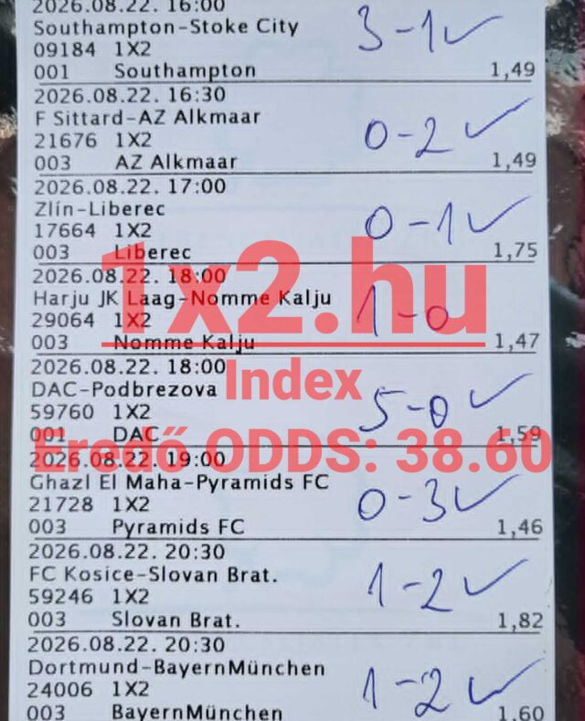 Sportfogadás szelvény kézzel beírt mérkőzéseredményekkel, 38.60-as eredő odds szorzóval és az 1x2.hu felirattal.