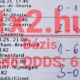 Kézzel kipipált, nyertes sportfogadási szelvény négy sikeres labdarúgó-mérkőzés tippjével és 6.32-es eredő szorzóval.