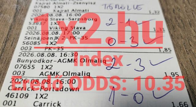 Kinyomtatott sportfogadási szelvény kézzel írt kimenetelekkel, kipipált nyertes meccsekkel és 10,35-ös eredő oddsszal.