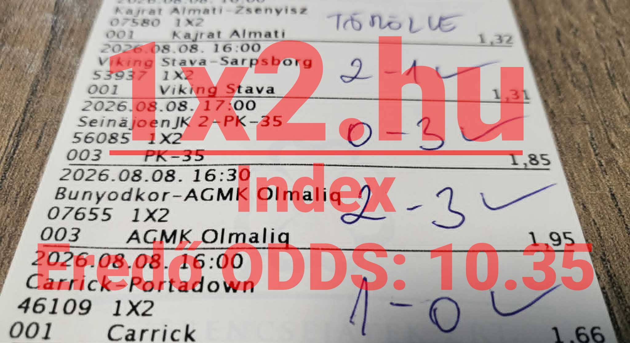 Kinyomtatott sportfogadási szelvény kézzel írt kimenetelekkel, kipipált nyertes meccsekkel és 10,35-ös eredő oddsszal.