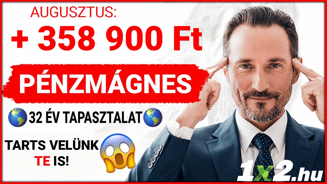 Öltönyös, elegáns férfi a halántékára mutat a kimagasló nyereményt és 32 év tapasztalatot hirdető Pénzmágnes reklámon.