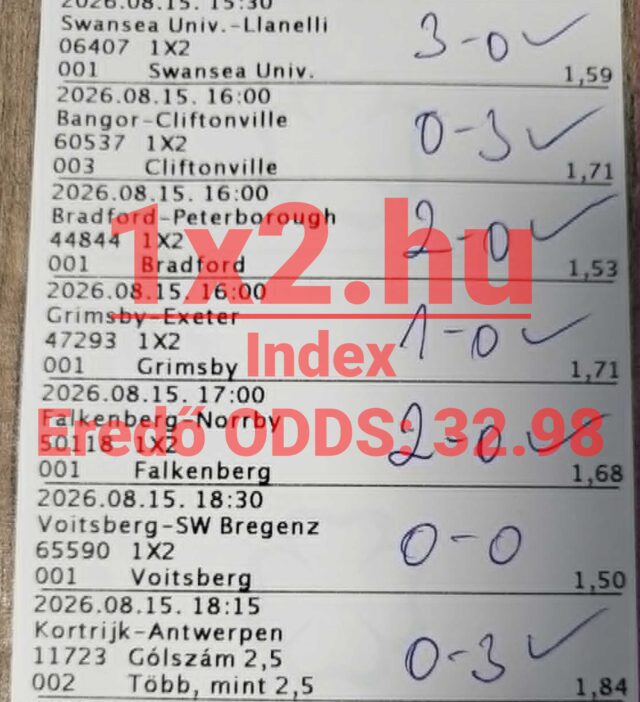 Nyertes sportfogadási szelvény kézzel írt végeredményekkel, zöld pipákkal és piros 1x2.hu vízjellel.