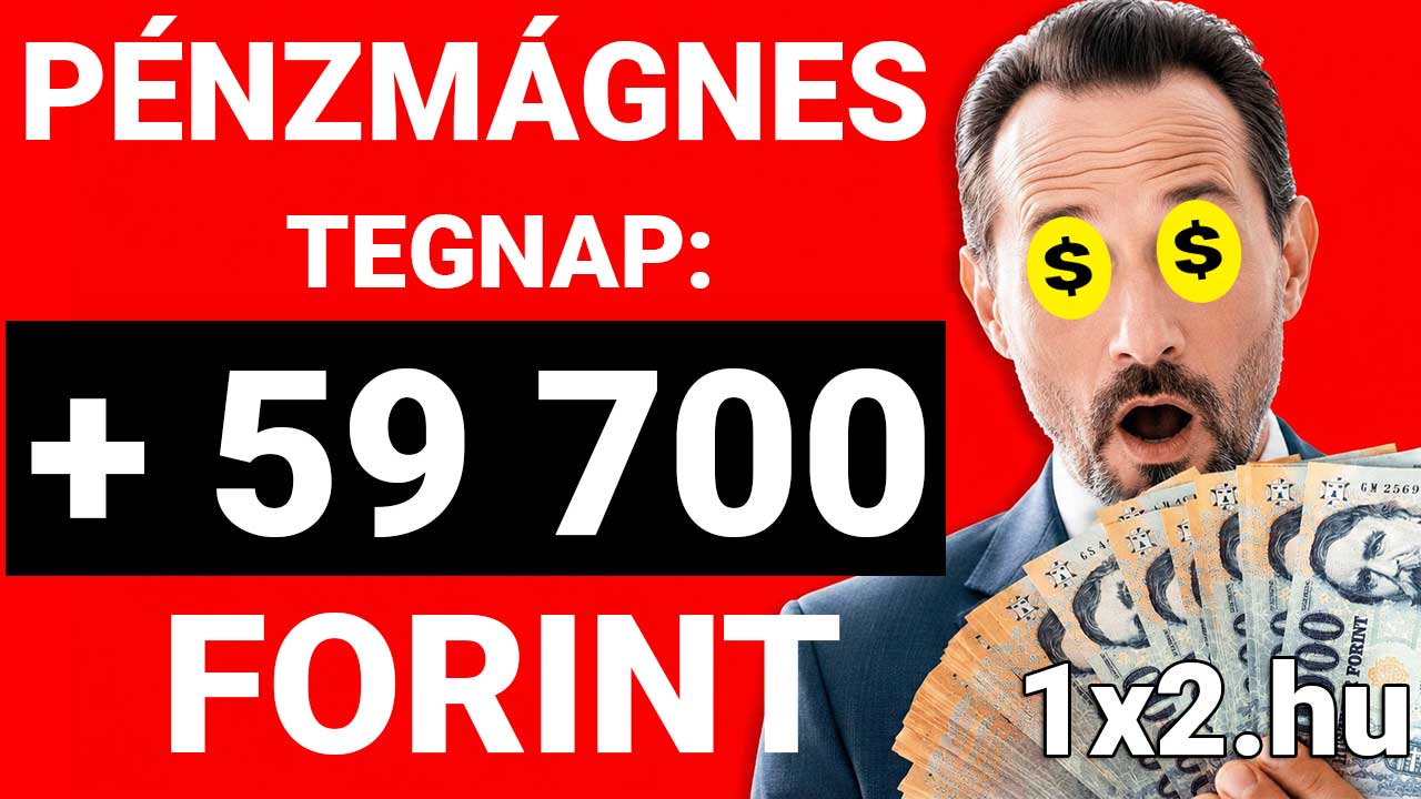Öltönyös férfi dollárjelekkel a szemén Forint bankjegyeket tart a kezében a Pénzmágnes felirat és a tegnapi 59 700 forintos nyeremény összege mellett.