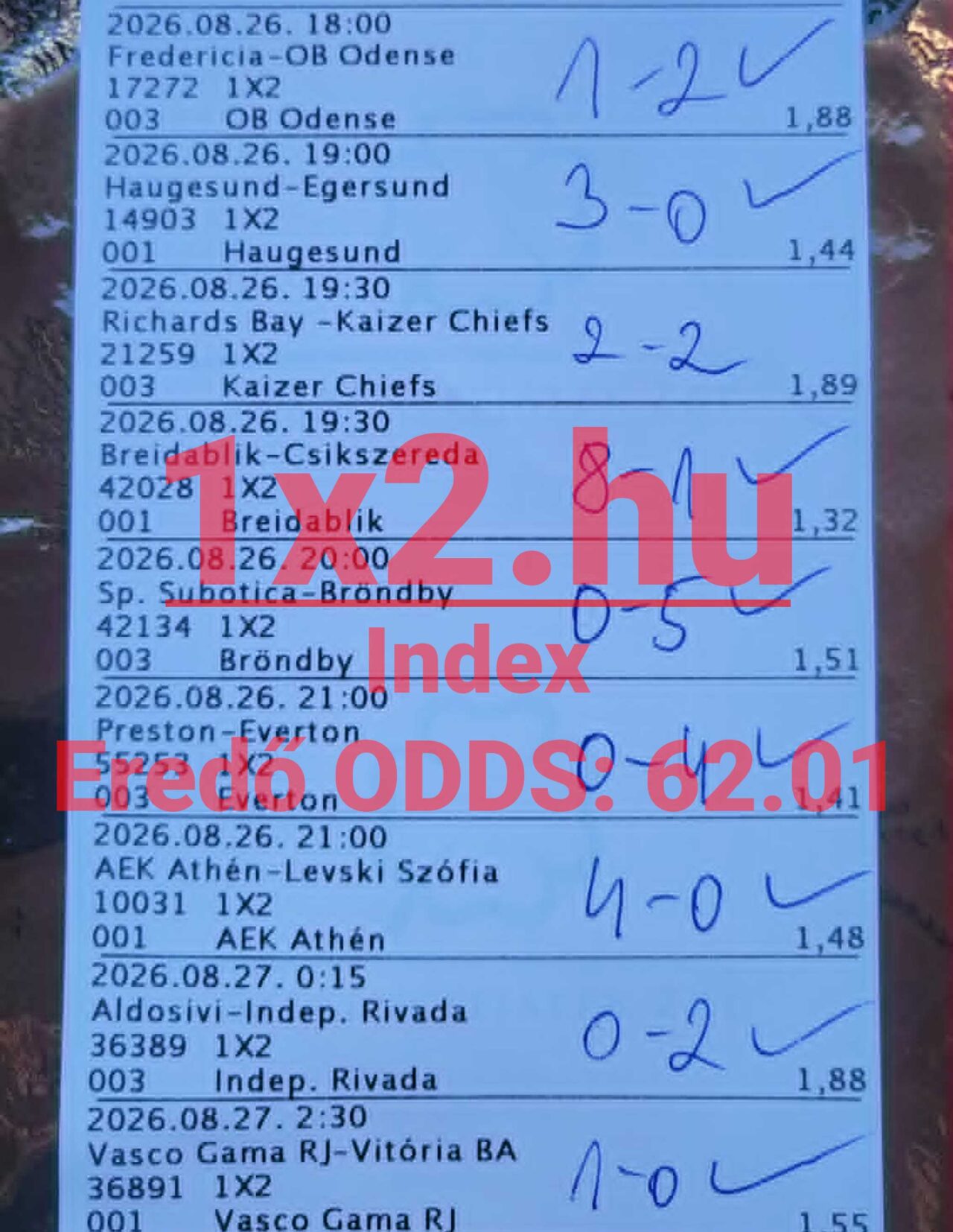 SportfogadĂĄsi szelvĂ©ny sikeres labdarĂșgĂł-mĂ©rkĆzĂ©s tippekkel, kĂ©zzel beĂrt vĂ©geredmĂ©nyekkel Ă©s zöld pipĂĄkkal.