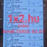 Sportfogadási szelvény sikeres labdarúgó-mérkőzés tippekkel, kézzel beírt végeredményekkel és zöld pipákkal.
